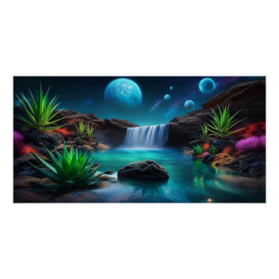Alien Landscape Waterfall and Moons Poster