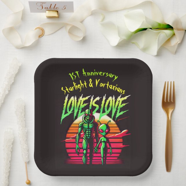 Alien Lovers Glowing Under Sunset Paper Plate (Wedding)
