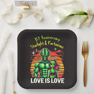 Alien Lovers Under Glowing Sunset Paper Plate