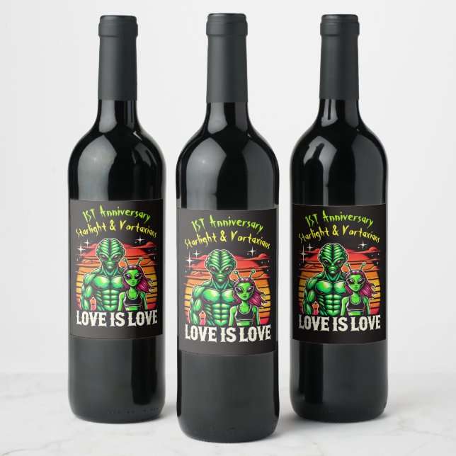Alien Lovers Under Glowing Sunset Wine Label (Bottles)