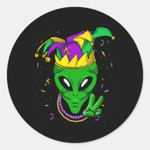 Alien Mardi Gras Carnival Jester Classic Round Sticker