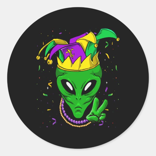 Alien Mardi Gras Carnival Jester  Classic Round Sticker (Front)