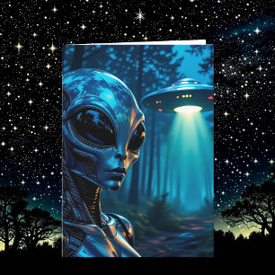 Alien Metallic Futuristic Forest Scene Birthday Card