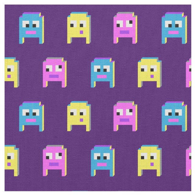Alien monsters pixel graphic pink yellow blue fabric (Close Up)