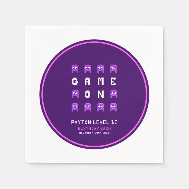 Alien monsters purple video gaming birthday party napkin (Front)