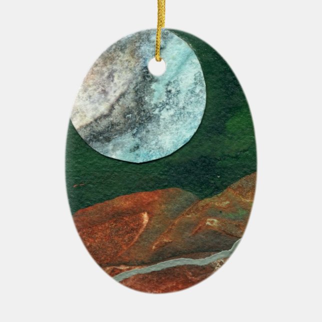 Alien moon in a green night sky ceramic ornament (Front)