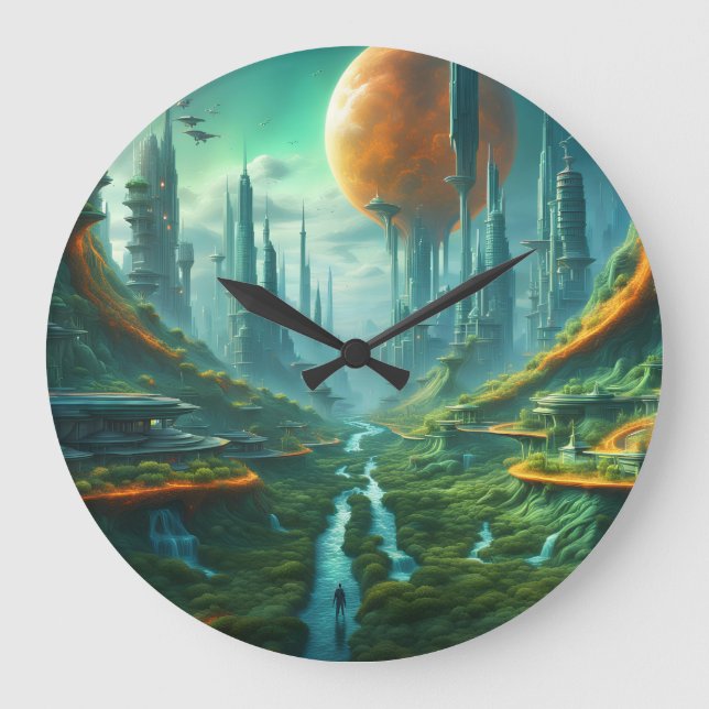 Alien Nature & Futuristic City Surreal Sci-Fi Art Large Clock (Front)