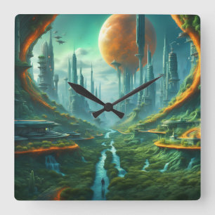 Alien Nature & Futuristic City Surreal Sci-Fi Art Square Wall Clock