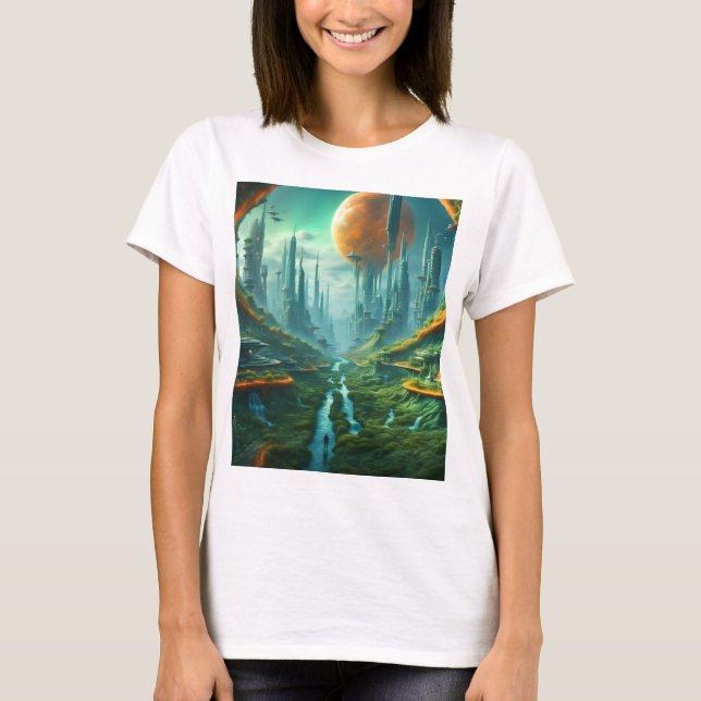 Alien Nature & Futuristic City Surreal Sci-Fi Art T-Shirt (Front)