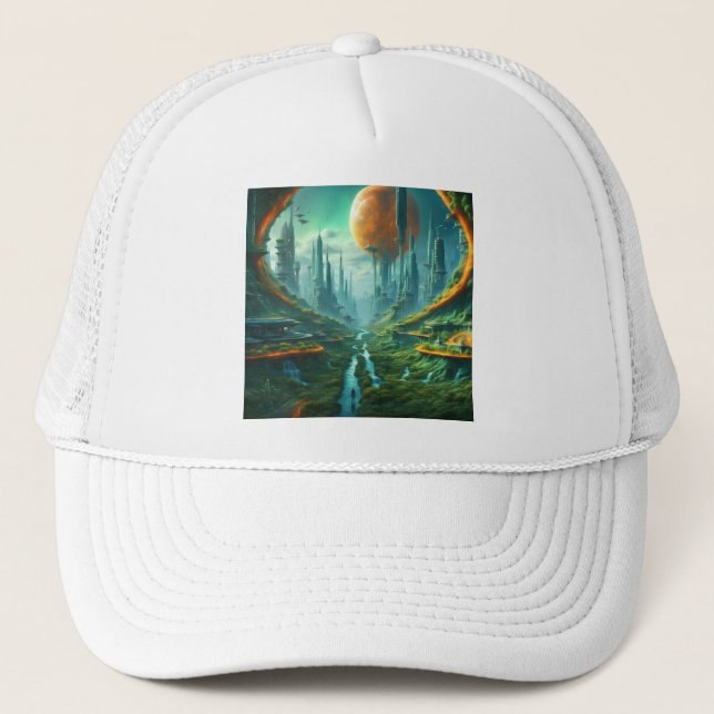Alien Nature & Futuristic City Surreal Sci-Fi Art Trucker Hat (Front)