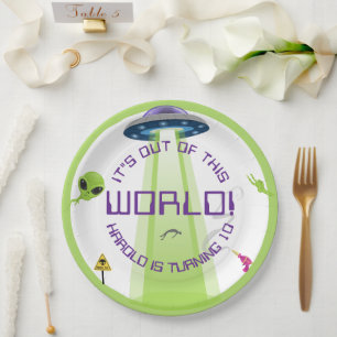 Alien Out of the World Any Age Birthday Paper Plate