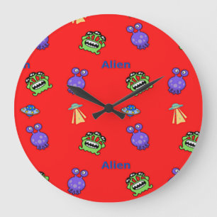 Alien pattern on red large clock