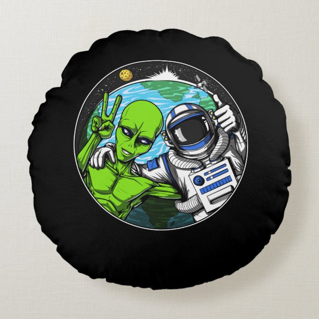 Alien Peace Sign Space Astronaut Round Cushion (Front)