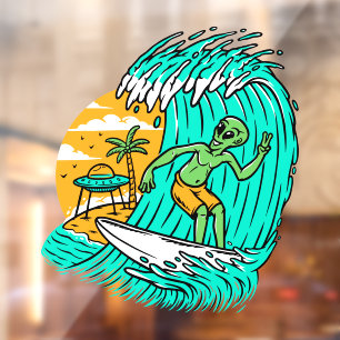 Alien Peace Sign Surfing UFO Parked On The Beach