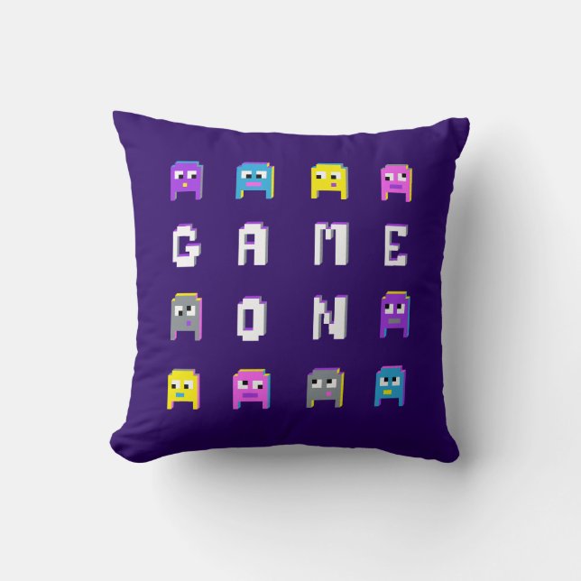 Alien pixels creatures game on personalised girls cushion (Front)