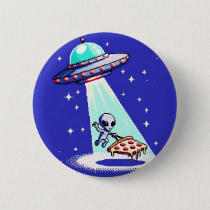 Alien Pizza Abduction - Funny Pixel Art UFO Design 6 Cm Round Badge