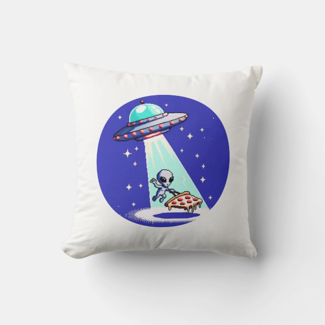 Alien Pizza Abduction - Funny Pixel Art UFO Design Cushion (Front)
