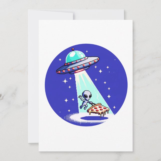 Alien Pizza Abduction - Funny Pixel Art UFO Design Holiday Card (Front)