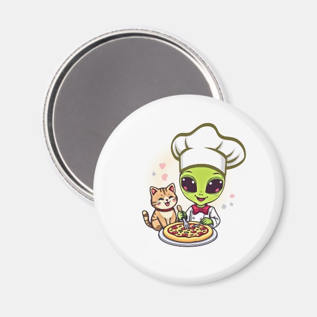 Alien Pizza Chef Cat Cartoon Art Magnet (Front/Back)
