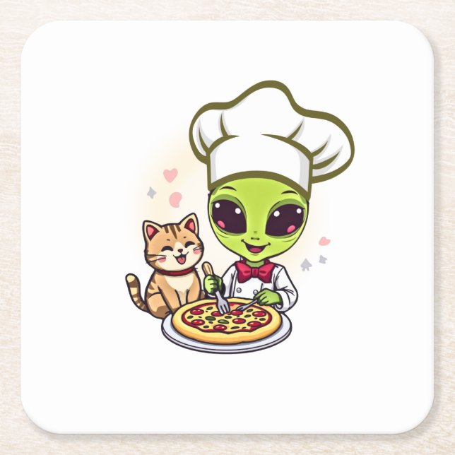 Alien Pizza Chef Cat Cartoon Art Square Paper Coaster (Front)