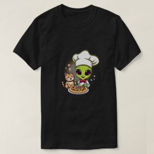 Alien Pizza Chef Cat Cartoon Art T-Shirt