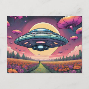 Alien Planet Flying UFO Over Flower Field Postcard
