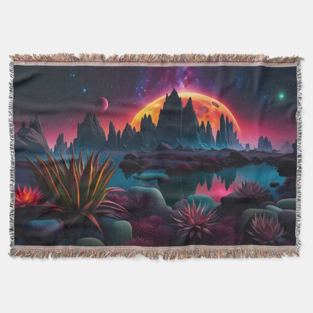  Alien planet Setting Moon Throw Blanket (Front)