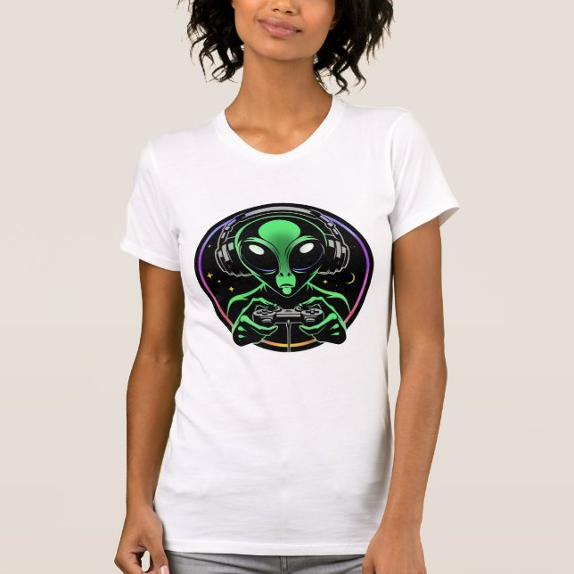 Alien Playing Video Games | Stellar Button Smasher T-Shirt (Front)