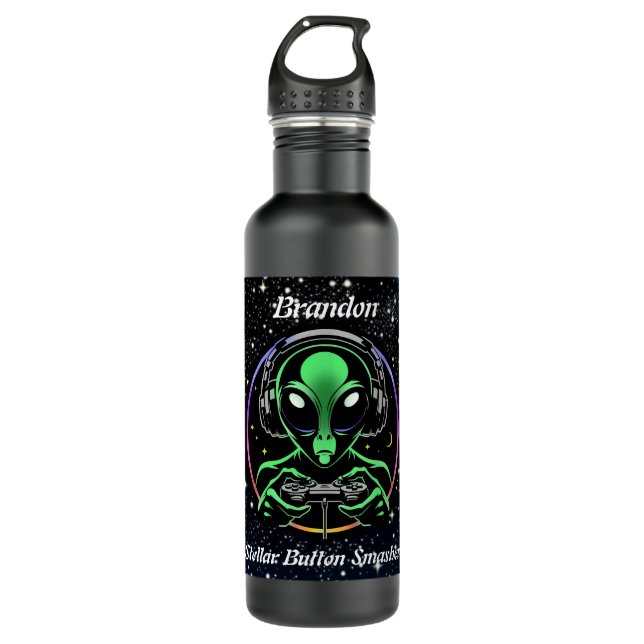 Alien Playing Video Games with Star Background 710 Ml Water Bottle (Front)