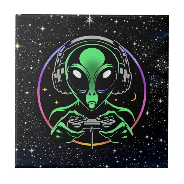 Alien Playing Video Games with Star Background Ceramic Tile (Front)