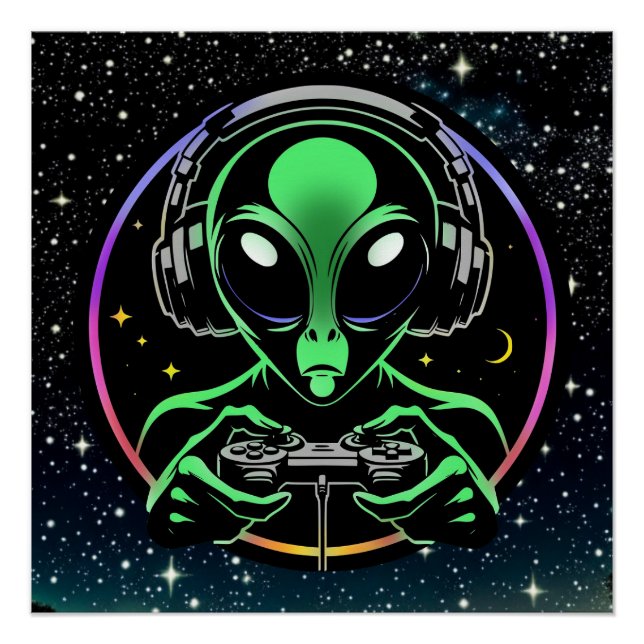 Alien Playing Video Games with Star Background Poster (Front)
