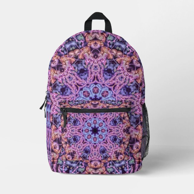Alien Purple Psychedelic Kaleidoscopic Mandala Printed Backpack (Front)
