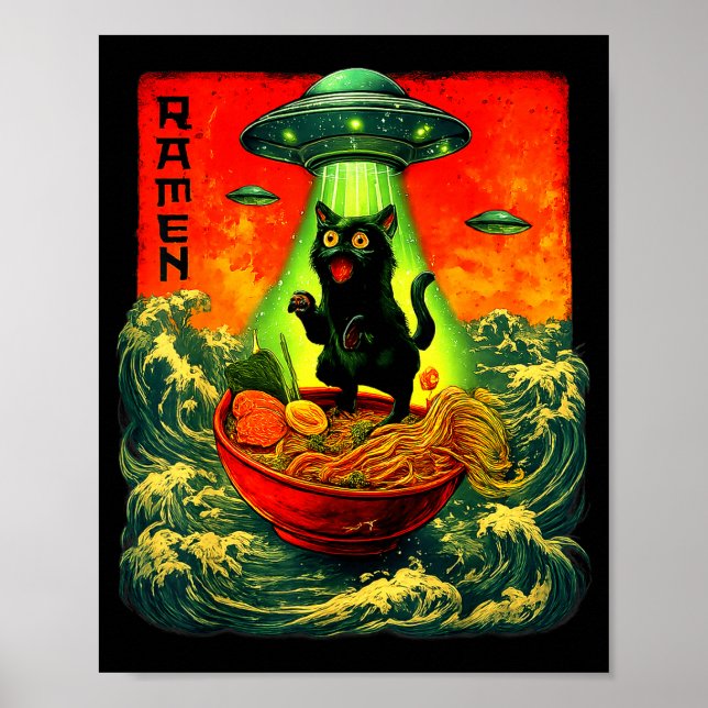 Alien Ramen Cat Ufo Japanese Retro Art Gifts Men W Poster (Front)