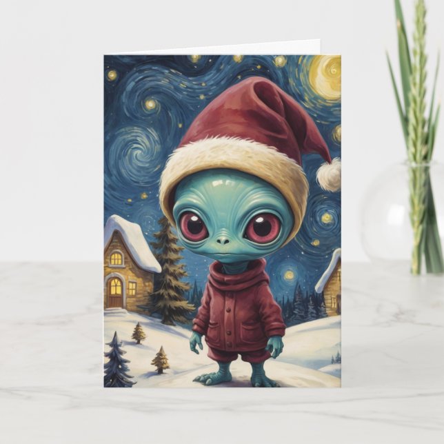 Alien Retro Starry Night Christmas Personalised Card (Front)