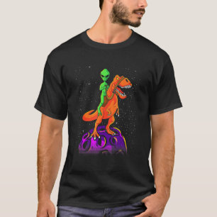 Alien Riding Dinosaur T Rex Kids Boys Outer Space  T-Shirt