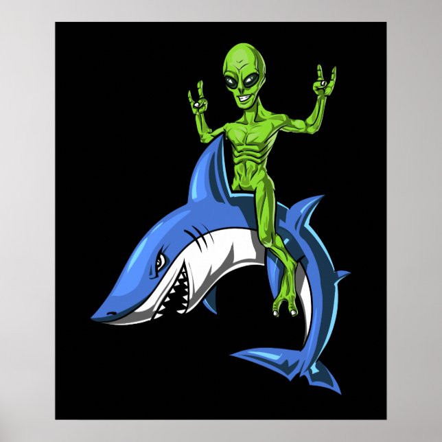 Alien Riding Shark Space UFO Poster (Front)