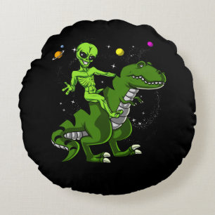 Alien Riding T-Rex Dinosaur Space UFO Round Cushion