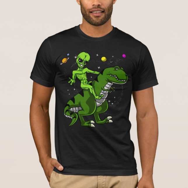 Alien Riding T-Rex Dinosaur Space UFO T-Shirt (Front)