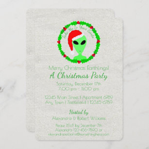 Alien Santa Holly Wreath Earthling Holiday Party Invitation