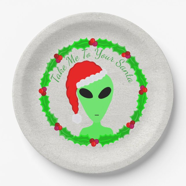 Alien Santa Holly Wreath Festive Holiday Party Paper Plate (Front)