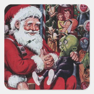 Alien Santa Vintage Illustration Scrapbook Square Sticker