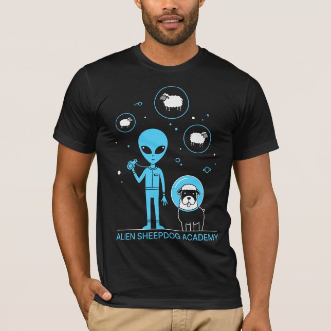 Alien Sheepdog Academy | Funny Sci-Fi Space Herdin T-Shirt (Front)