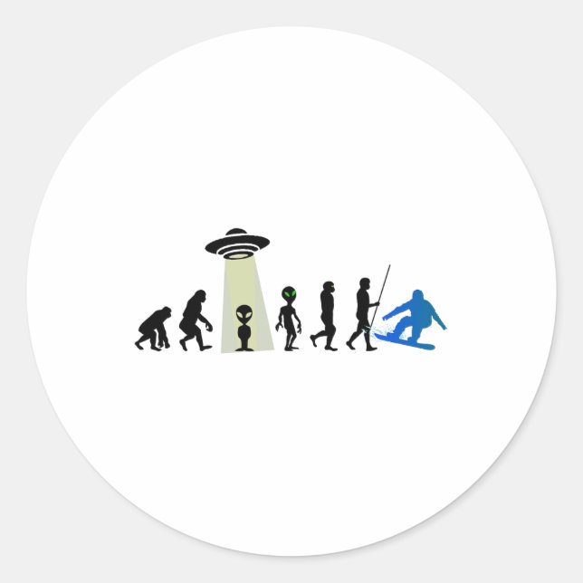 Alien Snowboard Evolution Pun Joke Winter Boarding Classic Round Sticker (Front)