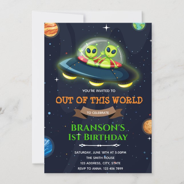Alien space galaxy birthday invitation (Front)