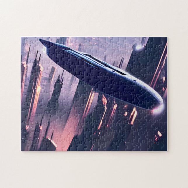 Alien Space Ship Arriving Over City Jigsaw Puzzle (Horizontal)