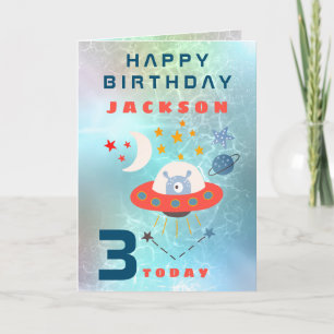 Alien Spaceship Age 3 Space Teal Birthday Card