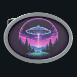 Alien Spaceship Retro Futuristic Belt Buckle<br><div class="desc">Step into a world of otherworldly wonder with our mesmerising Alien Spaceship Vaporwave Aesthetic Art Print. Against the backdrop of a starlit sky, this captivating scene depicts an alien spaceship hovering over a serene night field, casting an ethereal glow that bathes the surroundings in a surreal light. Inspired by the...</div>