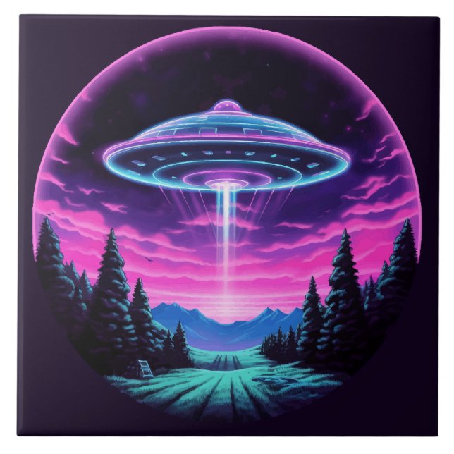 Alien Spaceship Retro Futuristic Ceramic Tile (Front)