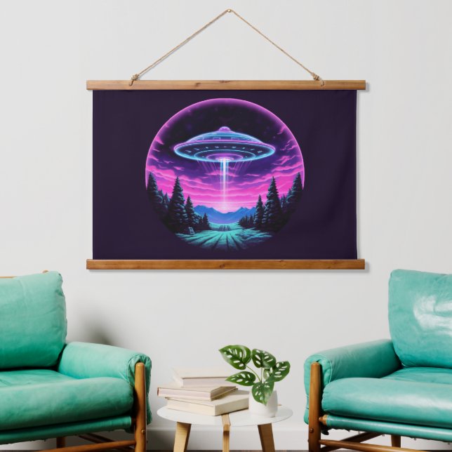 Alien Spaceship Retro Futuristic Hanging Tapestry (Living Room)