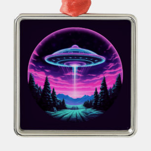 Alien Spaceship Retro Futuristic Metal Ornament